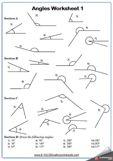 Drawing and Measuring Angles Maths Worksheet and Answers 9-1 GCSE Foundation Grade 2 Year 7 ...