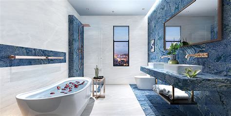 Blue Marble Tiles On Bathroom Wall