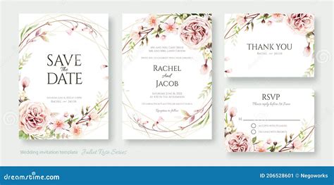 Juliet Rose Wedding Invitation, Save the Date, Thank You, Rsvp Card Design Template. Stock ...