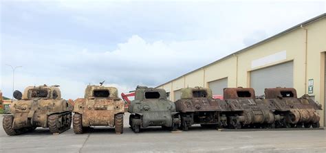 6 M4 Sherman Variants belonging to the Wheacroft Collection awaiting restoration in Catz, France ...