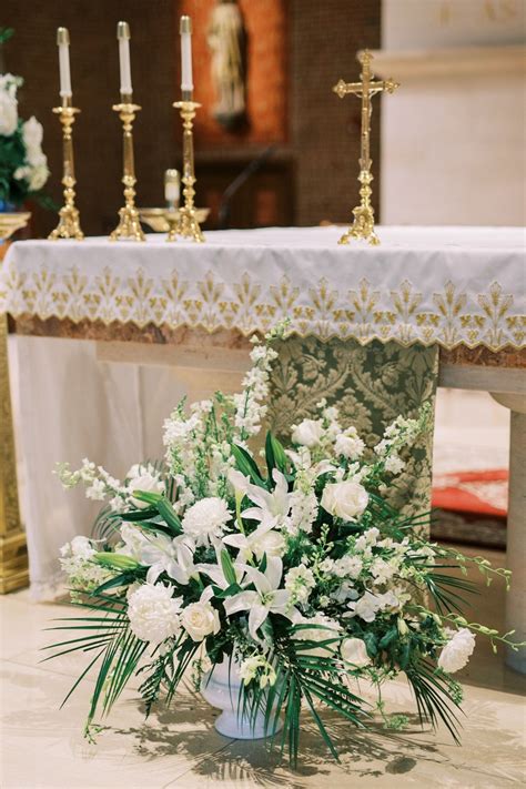 Wedding Ceremony Church Flowers Floral Arrangement White Blooms Greenery Altar Piece | Church ...