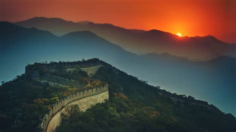 Great Wall of China Wallpaper 4K, Sunset, Orange sky, Mountains