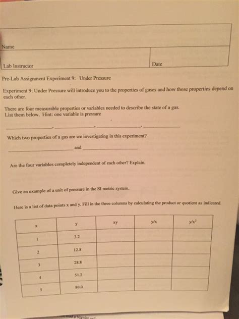 Solved Pre-Lab Assignment Experiment 9; Under Pressure: | Chegg.com