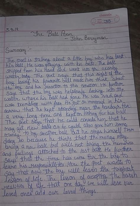 Write a summary of the ball poem of class 10 English - Brainly.in