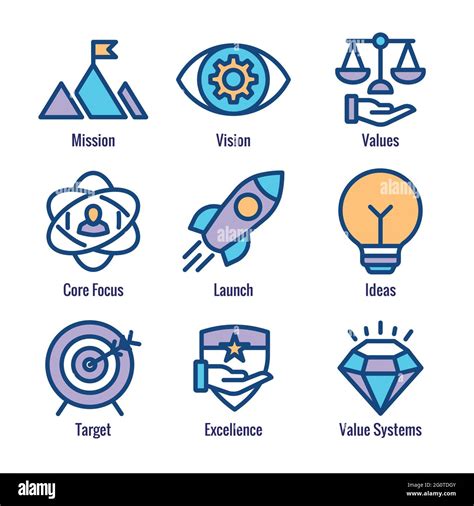 Mission Vision and Values Icon Set with rocket, ideas, & goal icons ...