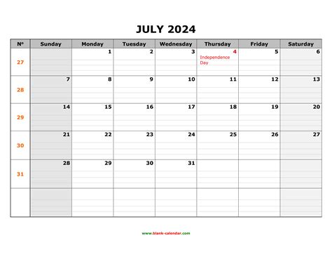 Free Download Printable July 2024 Calendar, large box grid, space for notes