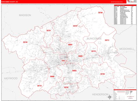 Buncombe County, NC Zip Code Wall Map Red Line Style by MarketMAPS - MapSales