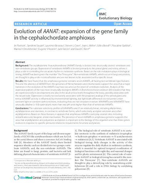 (PDF) Evolution of AANAT: expansion of the gene family in the cephalochordate amphioxus | Jiri ...