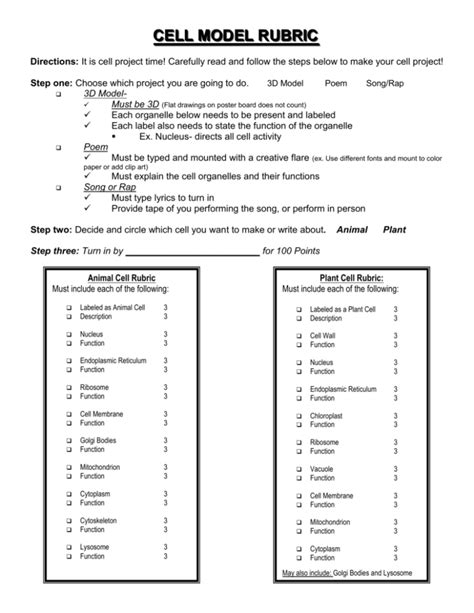 3d Cell Model Project Rubric