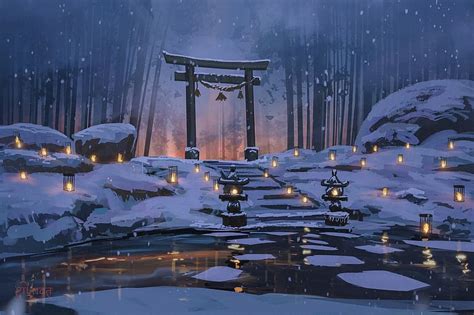 Anime, Winter, Night, Snow, Lantern, Bamboo, Torii, Shrine, HD wallpaper | Peakpx