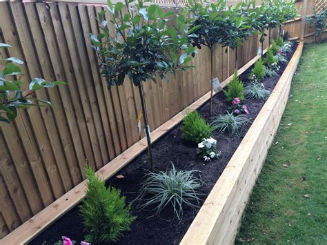 A raised wooden flower bed with red robin trees, conifers & plants ...