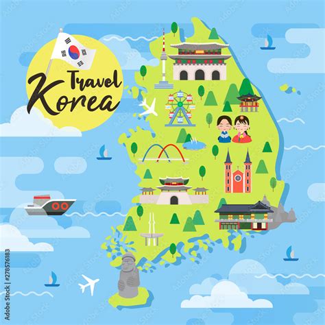 South Korea travel map vector illustration, Attractions in flat design. Stock Vector | Adobe Stock