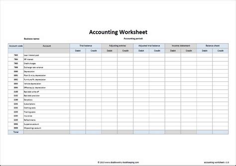 Accounting Worksheet Template | Double Entry Bookkeeping Small Business ...