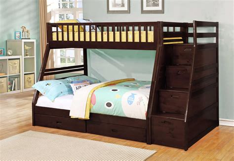 81" X 59" X 65" Brown Manufactured Wood and Solid Wood Twin/Full Staircase Bunk Bed with Storage ...