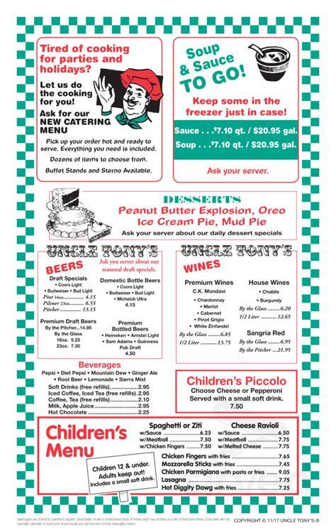 Uncle Tony's Pizza & Pasta menu in Johnston, Rhode Island, USA