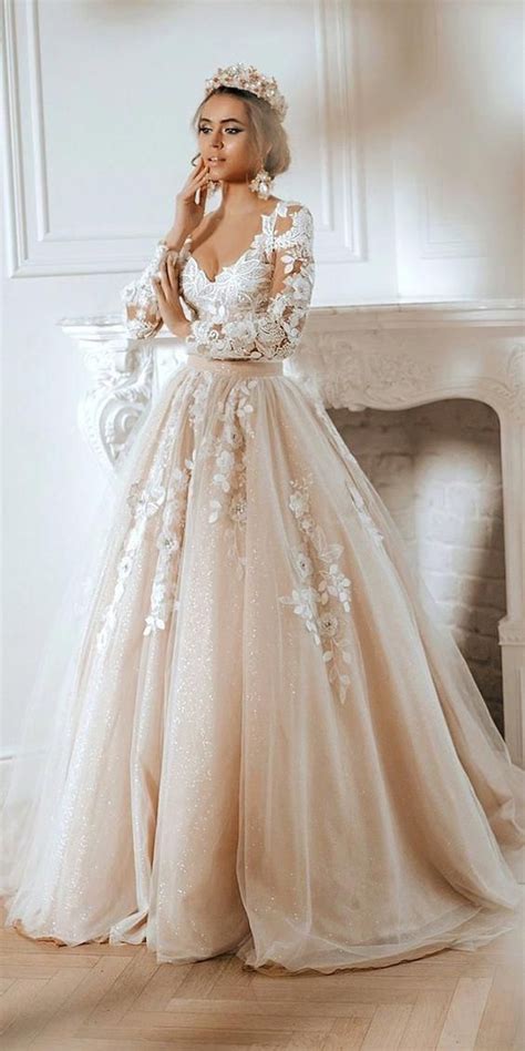 disney wedding dresses ball gown with long sleeves lace floral beige ...