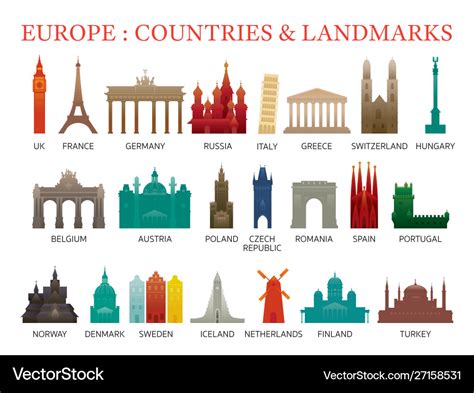 Europe countries landmarks colorful silhouette Vector Image