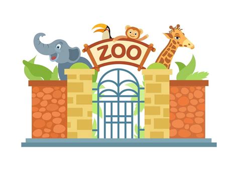 Zoo entrance gate. Elephant, a giraffe, a monkey, a parrot. 3432666 ...