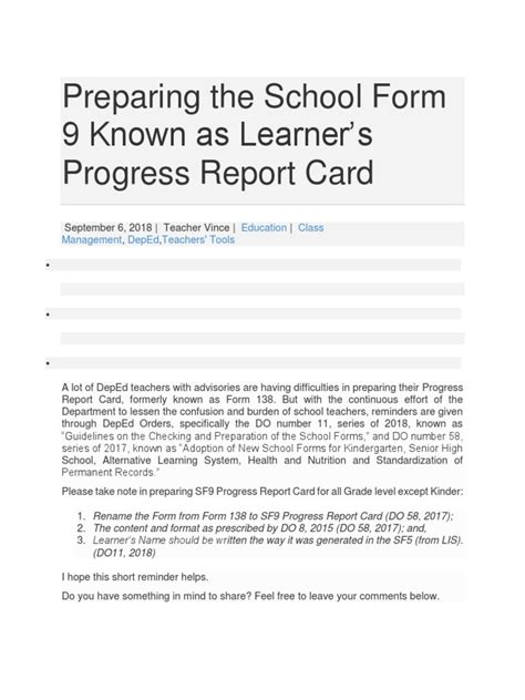 Preparing The School Form 9 Known As Learner | PDF | Curriculum | Government