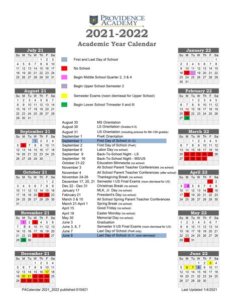 Academic Calendar - Providence Academy