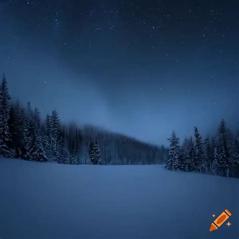 Winter night gloomy forest in the mountains near the abyss in a ...