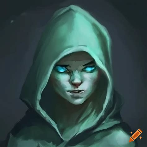 Human character with glowing blue eyes and green hood on Craiyon