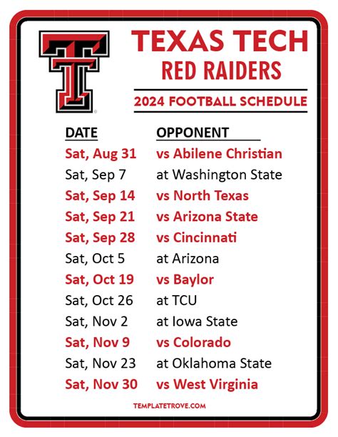 Printable 2024 Texas Tech Red Raiders Football Schedule