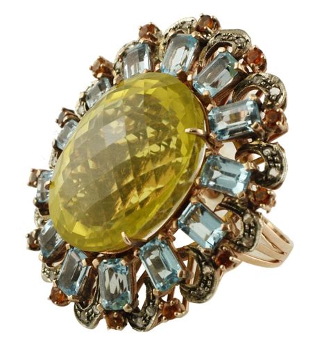 Citrine Topaz Diamonds Rose Gold and Silver Cocktail Ring at 1stDibs