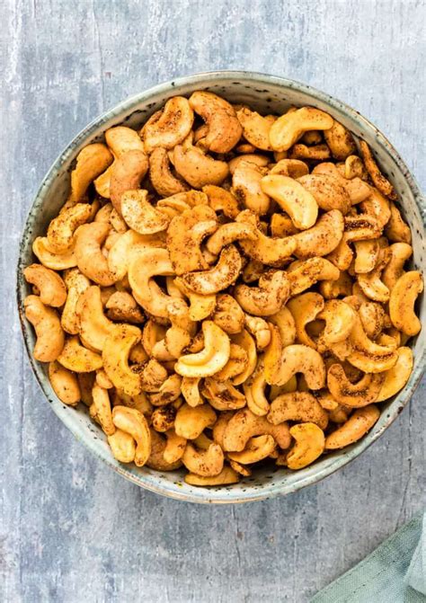 These spicy roasted cashews are a quick and easy snack. Served with a ...