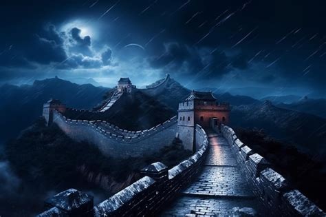 Premium Photo | The great wall of china at night