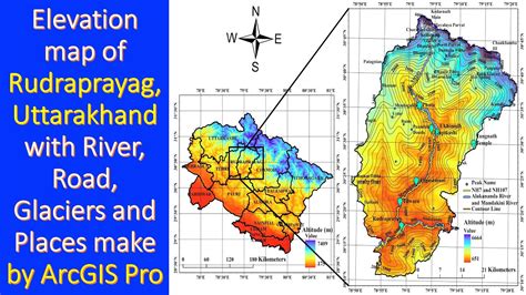 Elevation map of Rudraprayag, Uttarakhand with River, Road, Glaciers ...