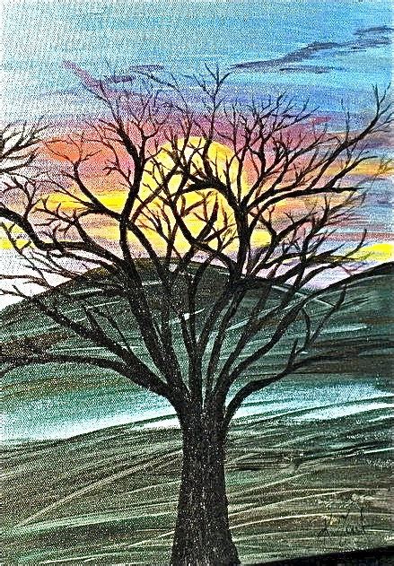 Tree Silhouette against metallic Sunset Paintiing | Sunset painting ...