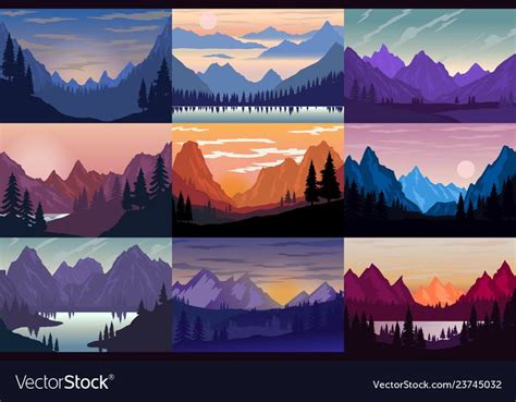 Set of of cartoon mountain landscapes design Vector Image , #Affiliate, #mountain, #cartoon, # ...