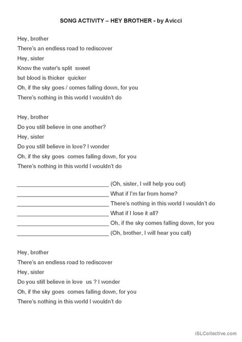 Hey Brother_Song Activity: English ESL worksheets pdf & doc