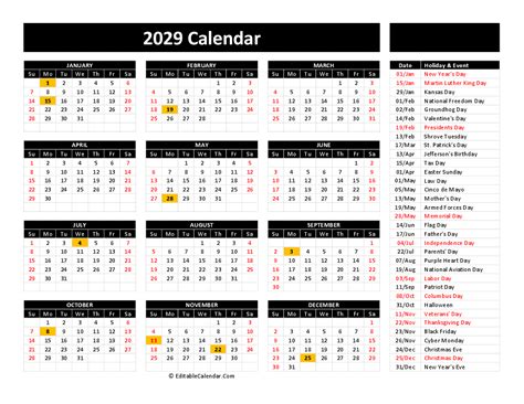 2029 Printable Calendar Free