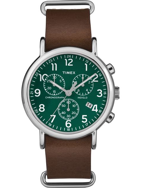 Timex - Unisex Weekender Chrono Green Dial Watch, Brown Leather Slip-Thru Strap - Walmart.com ...