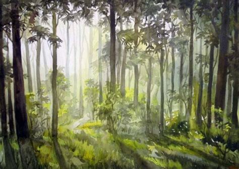 Early Morning Light inside a Forest-Watercolor on Paper Painting by Samiran Sarkar | Saatchi Art