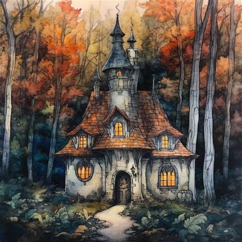 Premium AI Image | A painting of a house in the woods