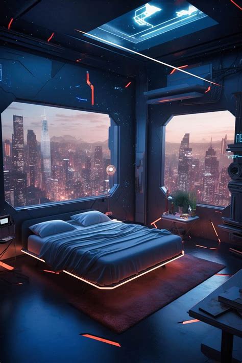 A cyberpunk bedroom offering a breathtaking view of the skyline through its retractable ceiling ...