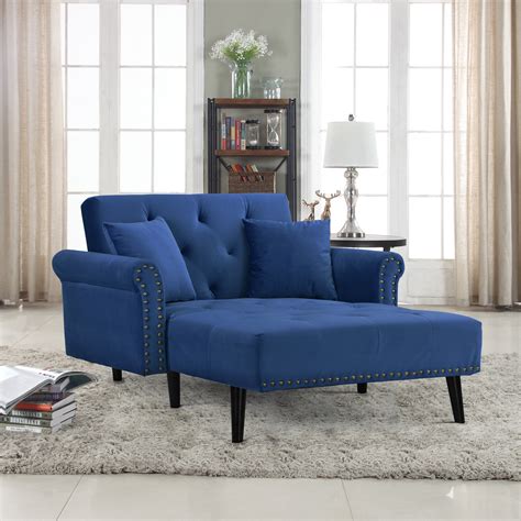 Modern Velvet Fabric Recliner Sleeper Chaise Lounge Futon Sleeper Chair with Nailhead Trim, Navy ...