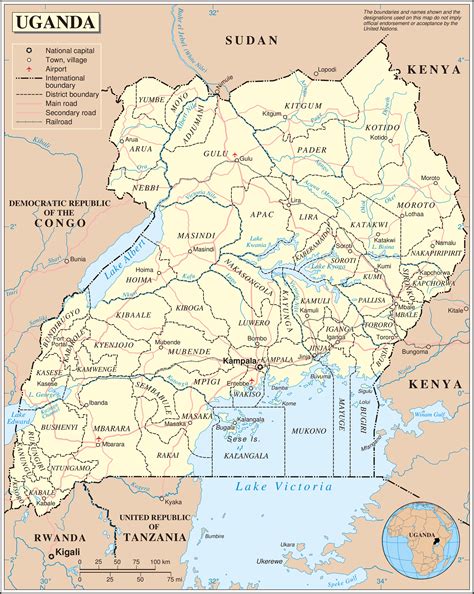 Large detailed political and administrative map of Uganda with all cities, roads and airports ...