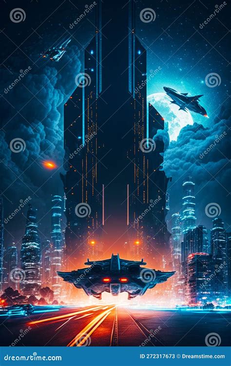 Sci - Fi Movie Poster of Futuristic City with Spaceship in the Sky ...