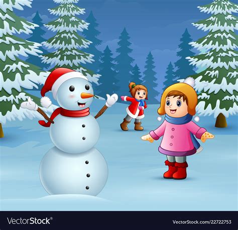 Happy kids playing with a snowman in winter Vector Image