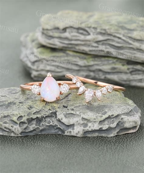 Pear Shaped Opal Engagement Ring Set Vintage Rose Gold Ring Round Cut Moissanite Bridal Set Pear ...