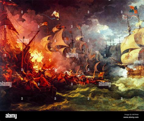 Defeat of the Spanish Armada, 8 August 1588, Philip James de Loutherbourg, painting, 1796 Stock ...