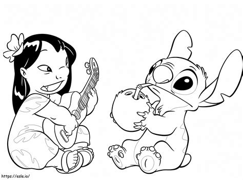 Lilo Playing Guitar And Stitch Drinking Coconut Water coloring page