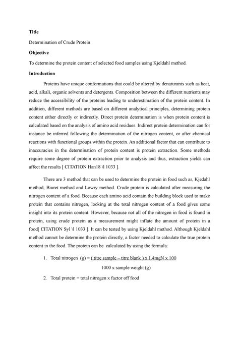 FST306 Crude Protein - Title Determination of Crude Protein Objective To determine the protein ...