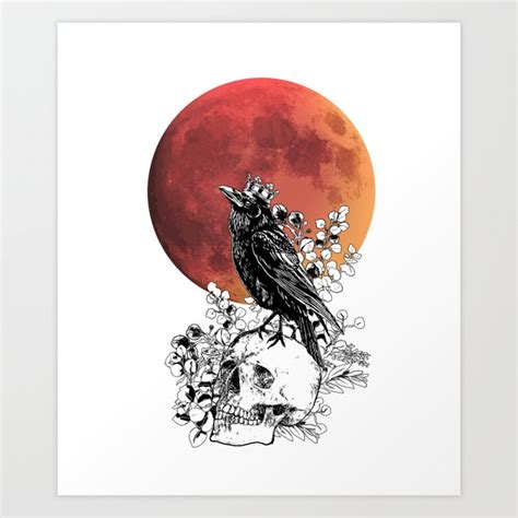 Blood moon and black raven with skull and crow, gothic, king, dark Art ...