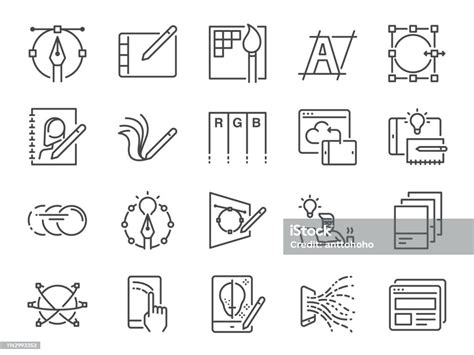 Digital Design Line Icon Set Included Icons As Graphic Designer Layout ...