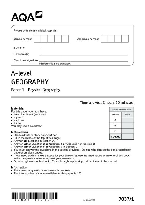 AQA A-level GEOGRAPHY Paper 1 Physical Geography Question Paper June 2021 | Question paper ...